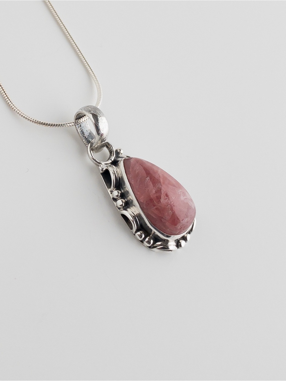 Vintage Sterling Silver Rhodochrosite Teardrop Pendant Necklace 925 Pink - Picture 8 of 11